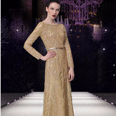 Elegant Champagne Crystal Evening 3D Floral Sequined Maxi Dress - FashionByTeresa